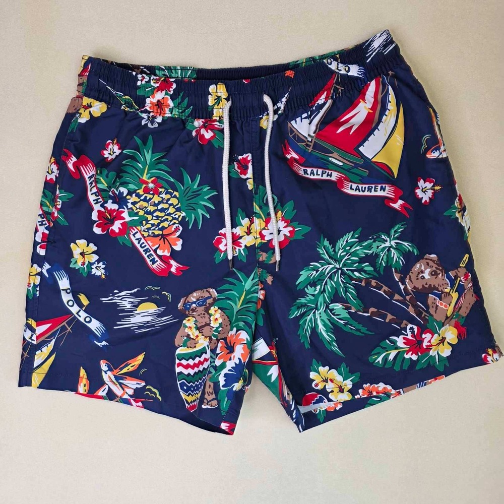 Polo Ralph Lauren Men's Polo Bear Hawaiian Tropical Swim Trunks Navy Blue Medium